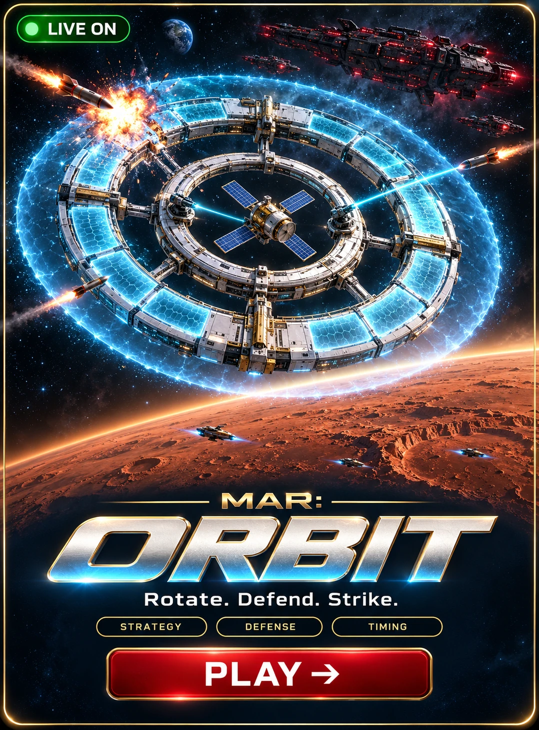MAR: ORBIT — Rotate. Defend. Strike. Defend a space station above Mars with rotating shields, laser turrets and a 360-degree EMP wave.